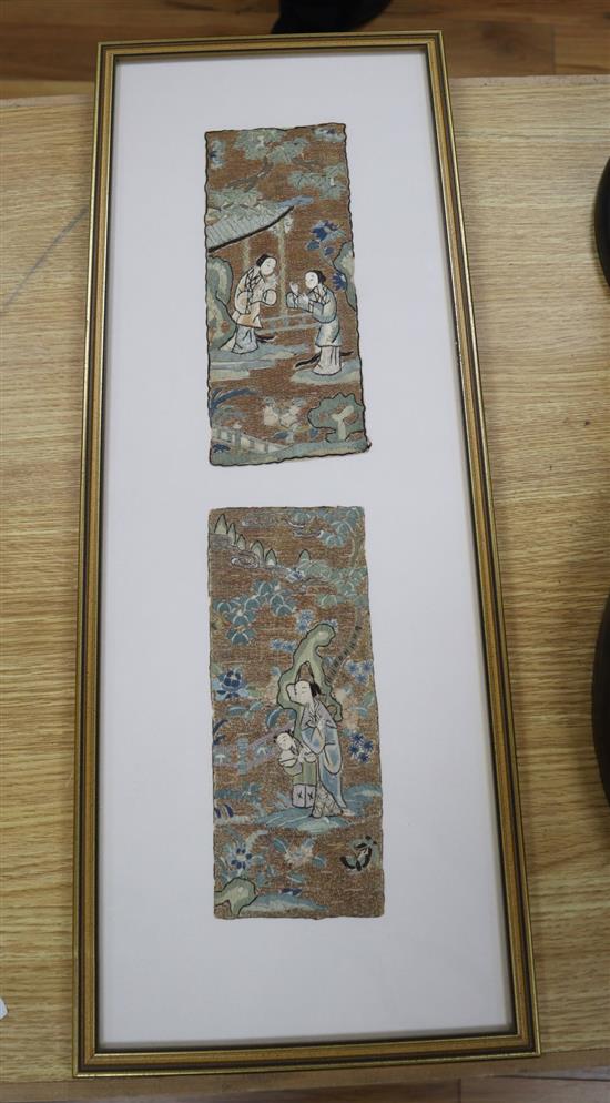 A pair of framed Chinese embroidered figurative panels, width 9cm height 23cm